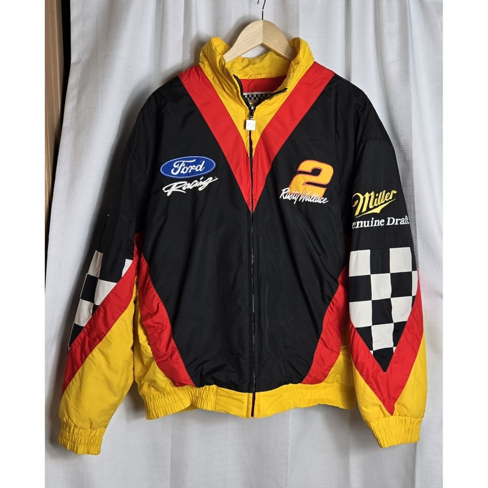 Vintage 90s NASCAR Jacket Miller Genuine Draft Nutmeg Racing Rusty Wallace #2
